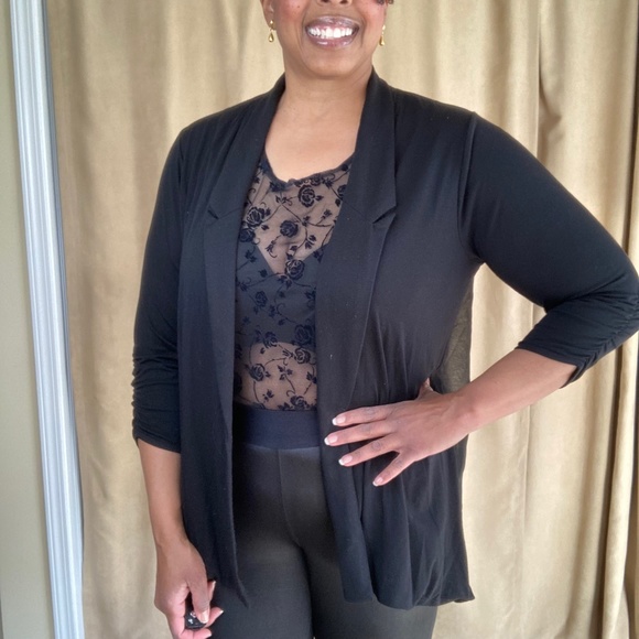 August Silk Woman Cardigan, Sheer Back, Black, 3/4 Ruched Sleeves, Size 1X - Picture 6 of 16